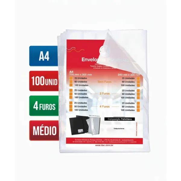 Envelope Plástico A4 Médio 4 Furos c/100 ...