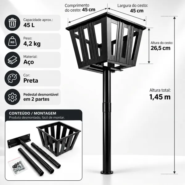 Lixeira de Calçada 45L com Pedestal para ...
