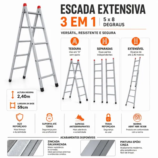 Escada Extensiva Aço 3 Em 1 5x8 Degraus 2...