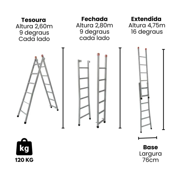 Escada Extensiva 3 em 1 Aço 9x16 Degraus ...