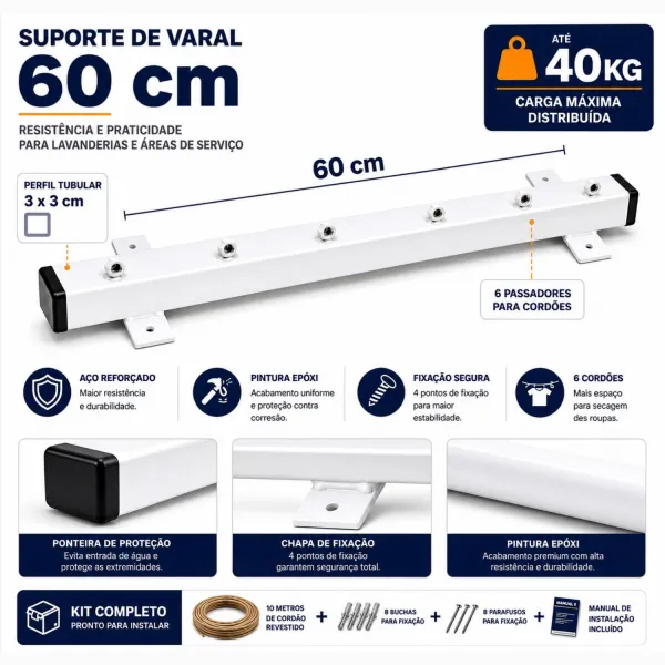 Kit 2 Suportes de Varal Fixo Frontal 60cm...