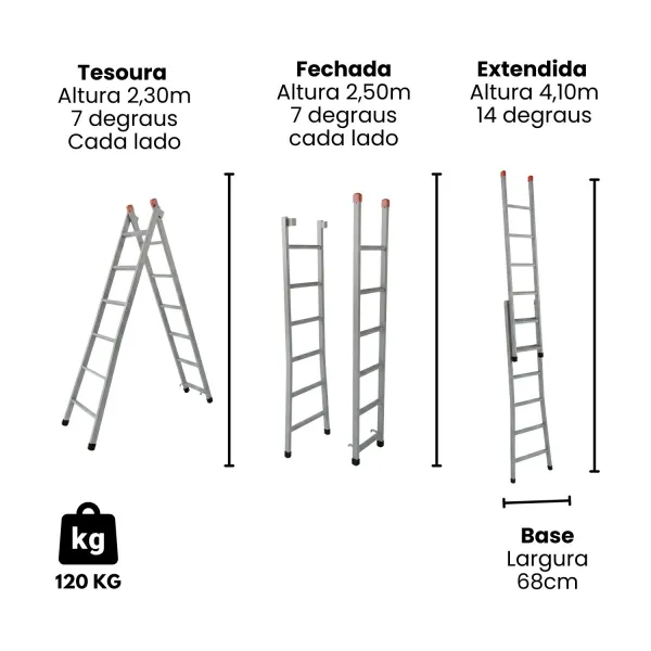 Escada Extensiva 3 em 1 Aço 8x14 Degraus ...