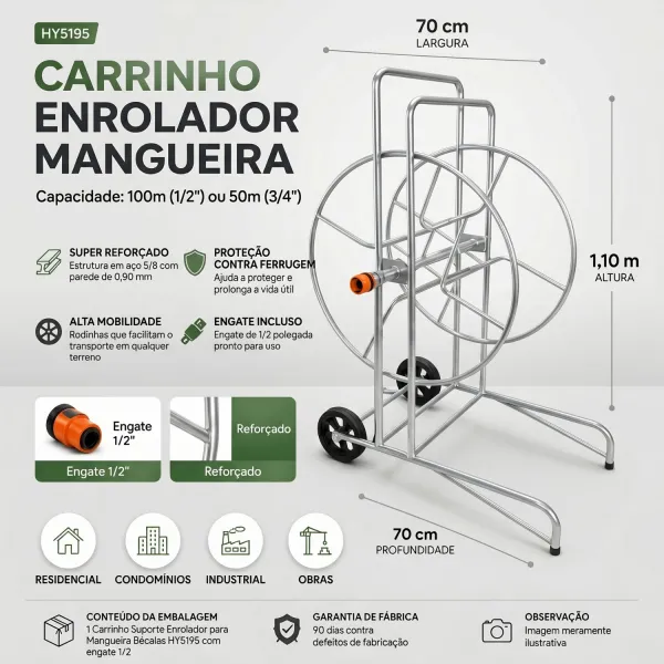 Carrinho Enrolador Mangueira 100m Industr...