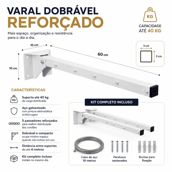 Kit 2 Suportes Varal Dobrável de Parede 5...