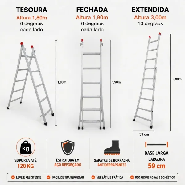 Escada Extensiva 3 em 1 Aço 6x10 Degraus ...