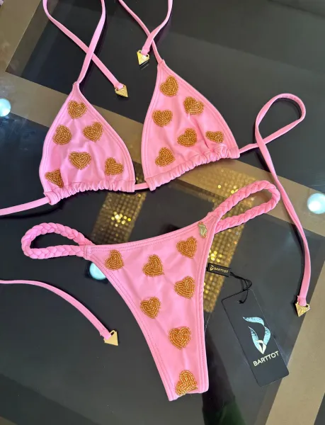 Biquíni Bordado Rosa Barbie/Dourado